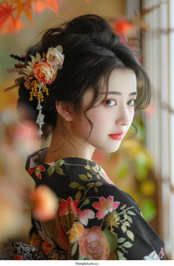Elegant Portrait of Japanese Geisha in Vibrant Kimono Attire