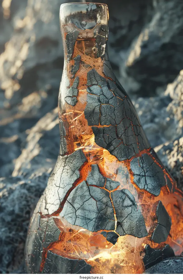 Cracked Glass Bottle in Volcanic Landscape