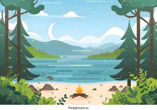 Campfire Lake Landscape Illustration