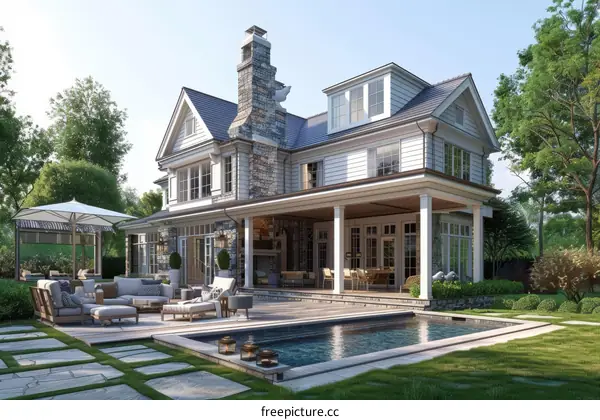 An illustration of a large white house with a grey roof and a pool in the backyard