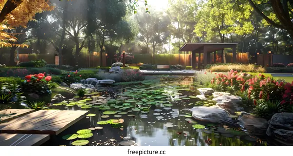 A beautiful garden with a pond, flowers, and a pavilion
