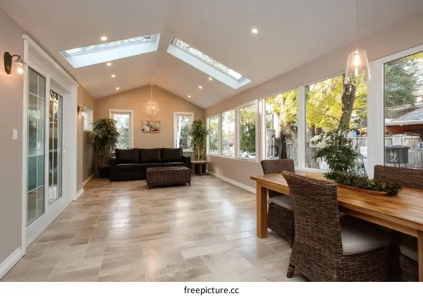 Modern Sunroom with Large Windows and Wooden Table