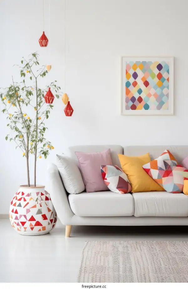 A living room with a sofa, cushions, rug and painting