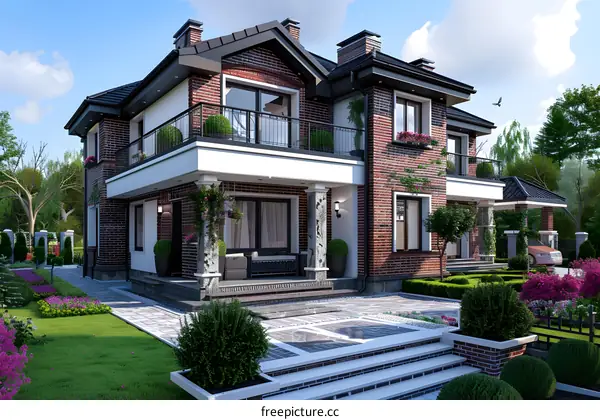 A 3D rendering of a two-story house with a brick exterior and a white trim. The house has a balcony, a terrace, and a garage.