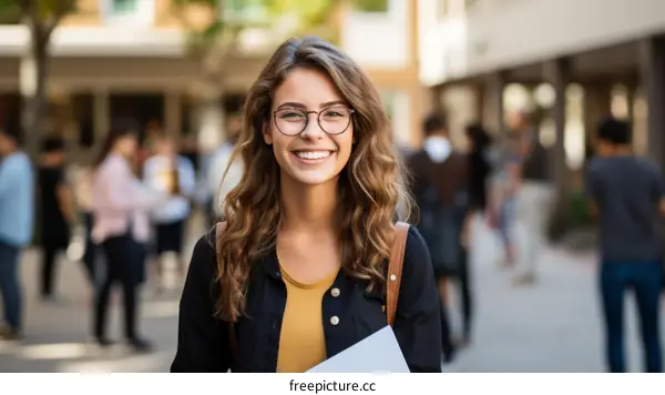 portrait of a smiling young woman with curly hair wearing glasses standing outside