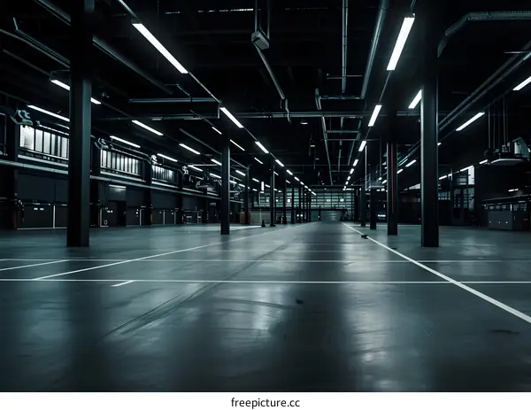 Empty Large Industrial Building Interior With Black Walls and White Lines