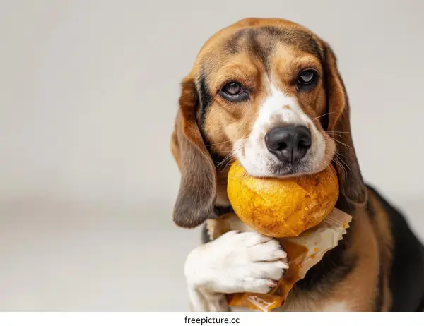 Beagle dog holding a pumpkin in its mouth