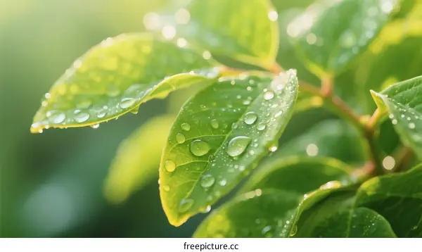 Morning Dewdrops Glistening on Fresh Green Plant Leaves