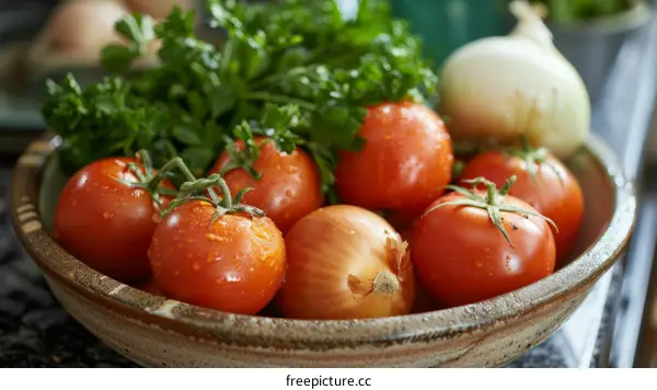 A bowl of tomatoes, onions and parsley