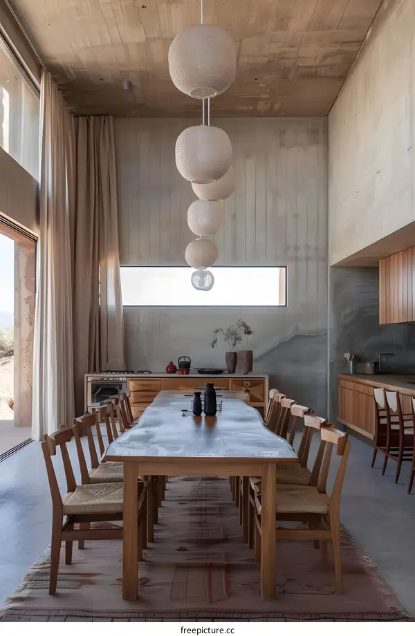 Modern Minimalist Dining Room Interior With Concrete Walls And Wooden Table