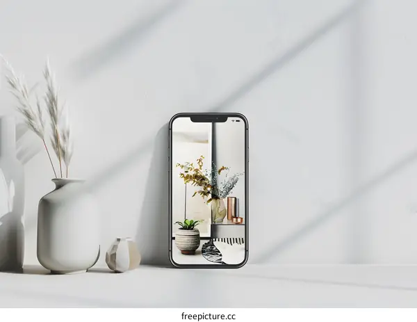 Modern Minimalist Phone Mockup with Sunbeams and Decor