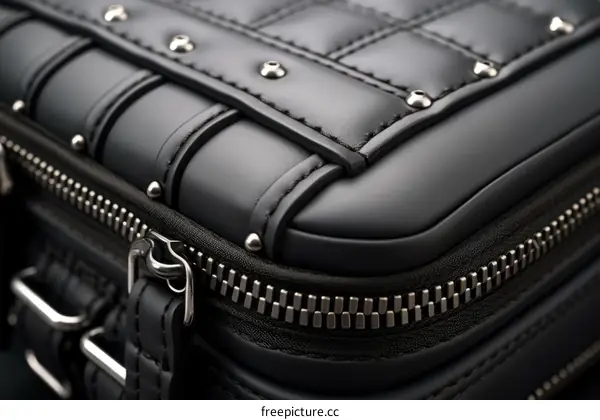 Black leather handbag with silver studs and zipper