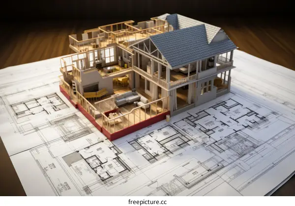 A 3D model of a house on top of a blueprint