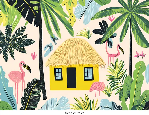 Tropical Hut with Palm Trees and Flamingos