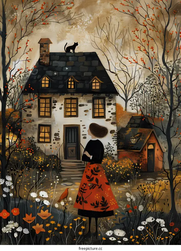 girl in front of a cottage