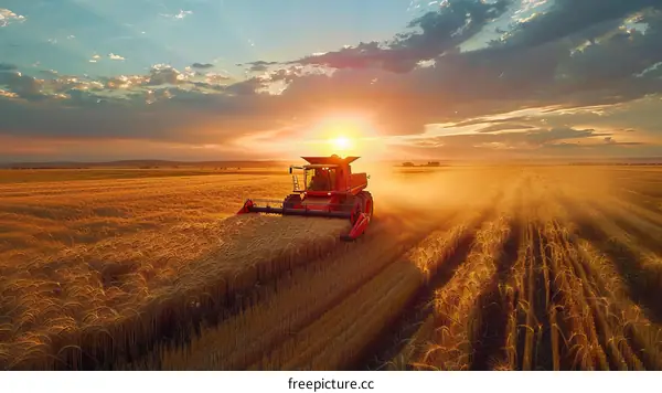 Red combine harvester working in a wheat field during sunset