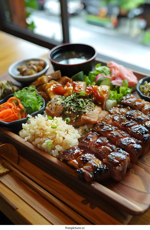 A delicious and healthy Japanese meal with rice, chicken, vegetables, and soup