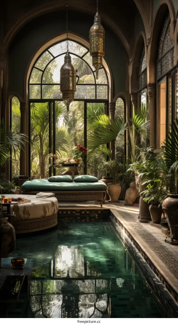 A luxurious indoor pool with a Moroccan theme