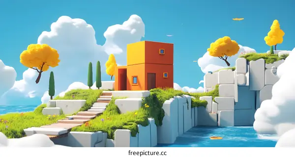 Orange Minimalist House on a Cloud Island