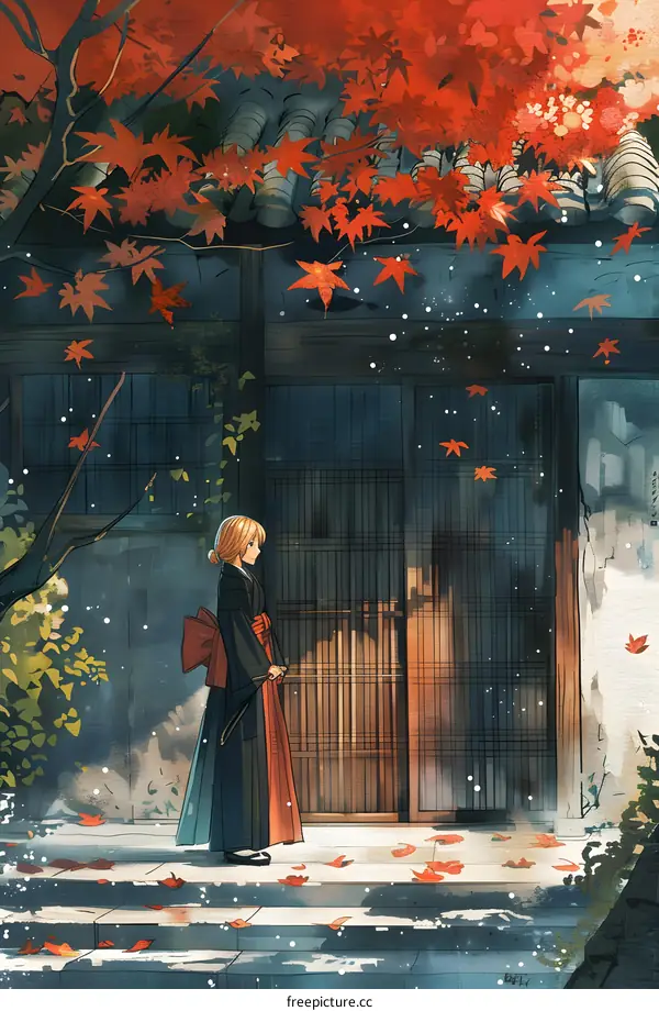 Japanese Style Illustration of Girl in Traditional Clothing with Red Leaves Falling