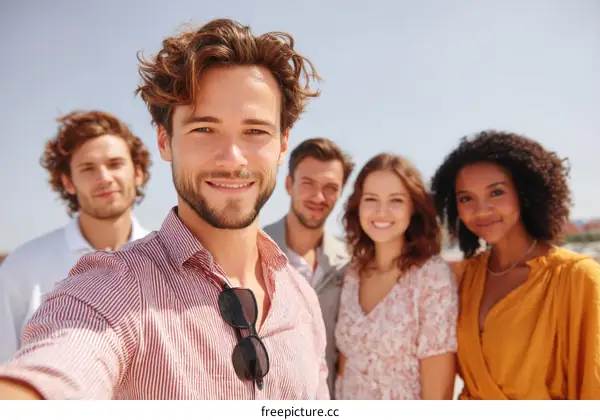 Happy Group of Diverse Friends Taking a Selfie Outdoors
