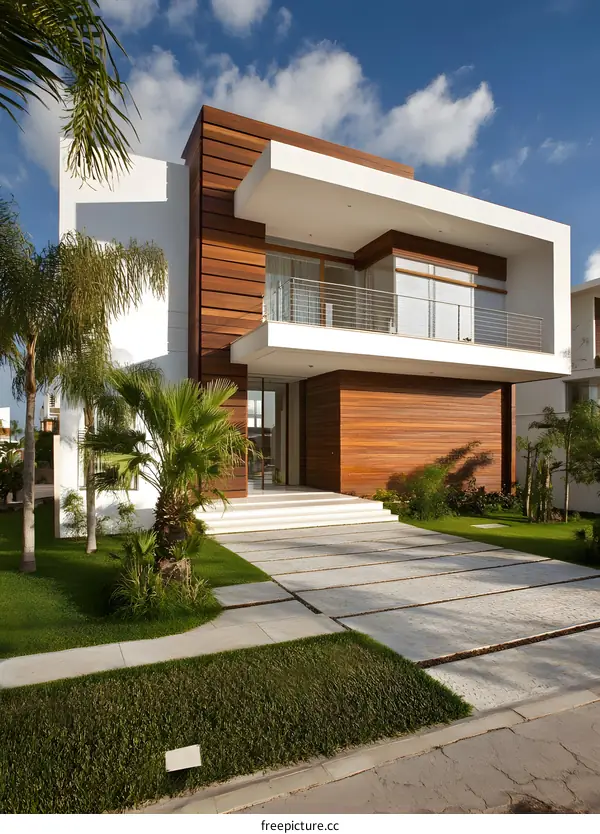 Modern Tropical Home with Wooden Siding and Palm Trees