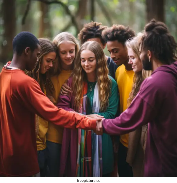 A group of diverse young people holding hands in a circle in the woods