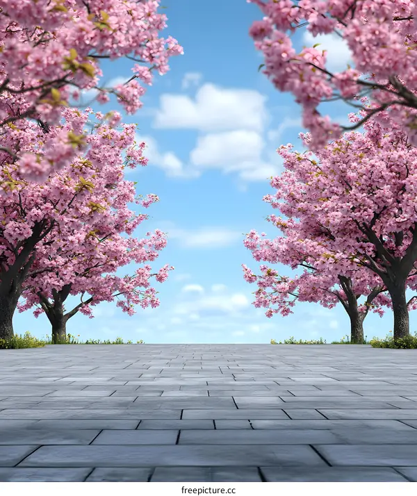 Pink Cherry Blossom Trees with Blue Sky Background