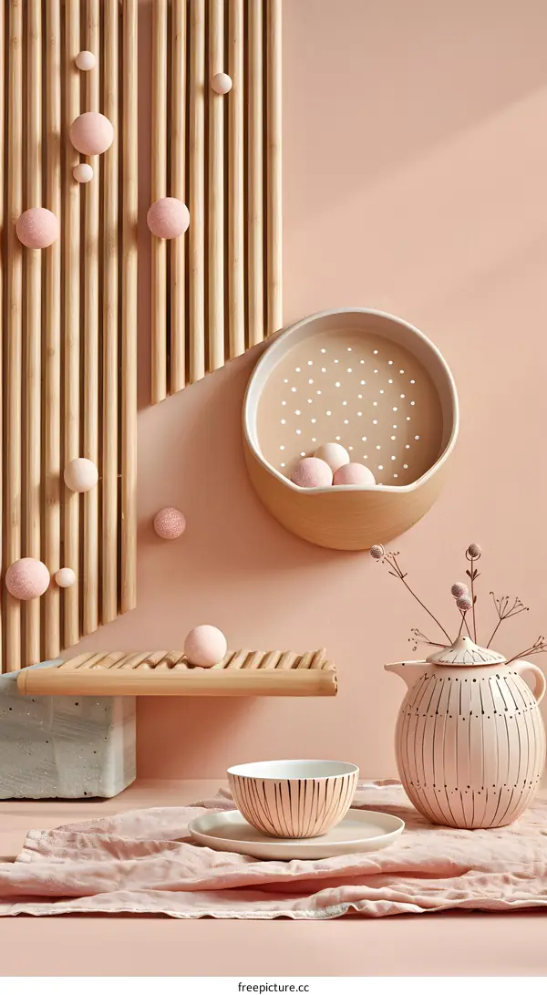 Pink and Beige Home Decor Still Life with  Pottery and Bamboo