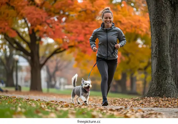 Woman Running With Dog In Autumn Park