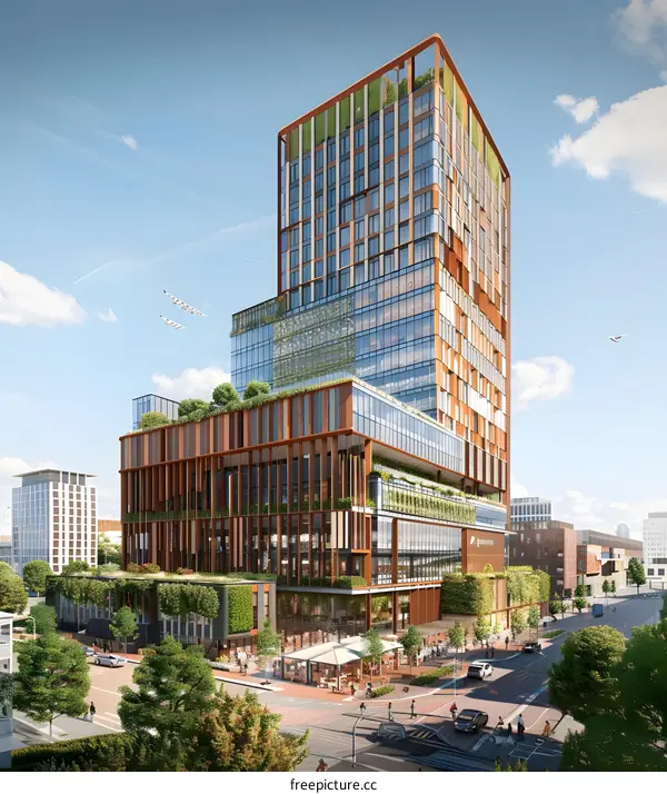 Modern Architecture Building with Green Roof and People Walking on the Sidewalk