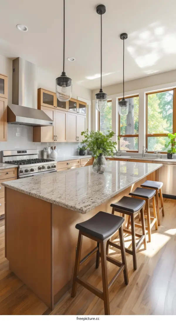 Modern kitchen island with granite countertop and wood bar stools