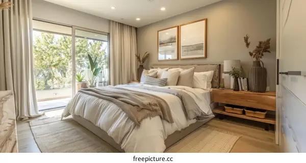 Modern and elegant master bedroom with large windows and a balcony