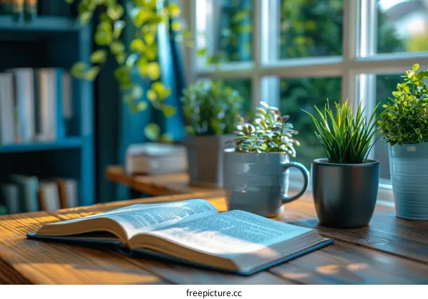Open Book on a Wooden Table with Plants and Mug