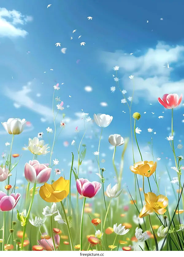 Colorful Spring Flowers and Blue Sky