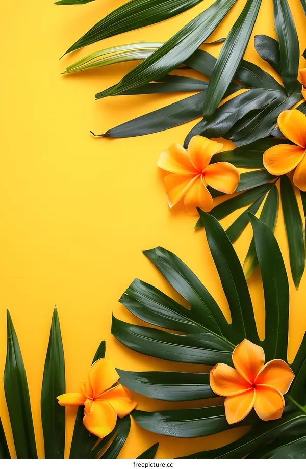 Tropical Leaves and Flowers on Yellow Background