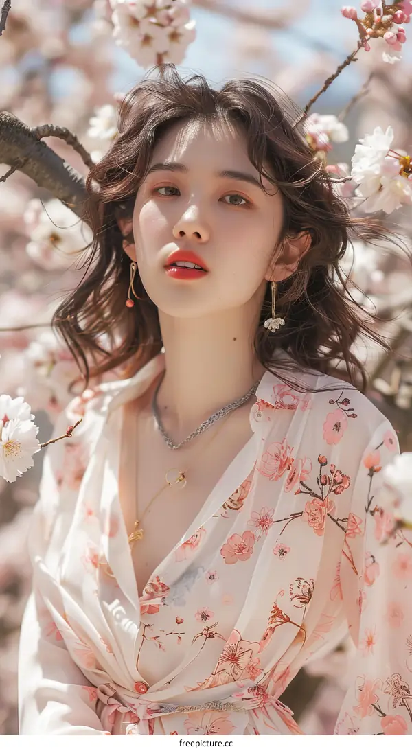 Young Asian Woman in a Floral Dress Amidst Cherry Blossoms