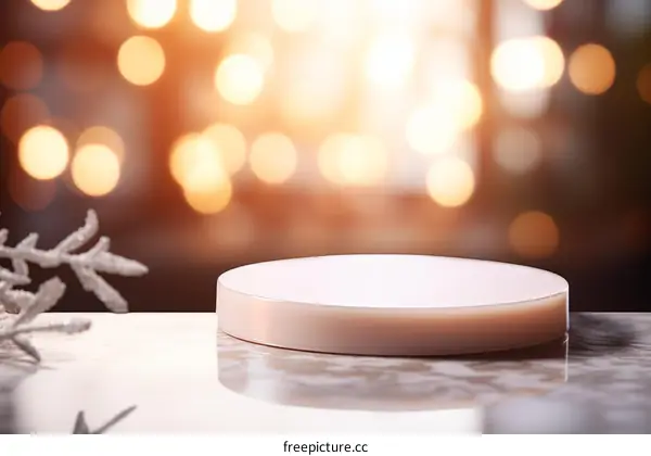 Round pink podium with a blurred background of warm lights