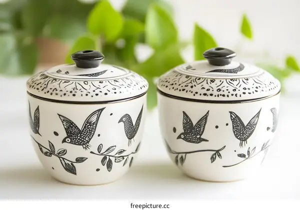 Two Black and White Ceramic Jars with Birds
