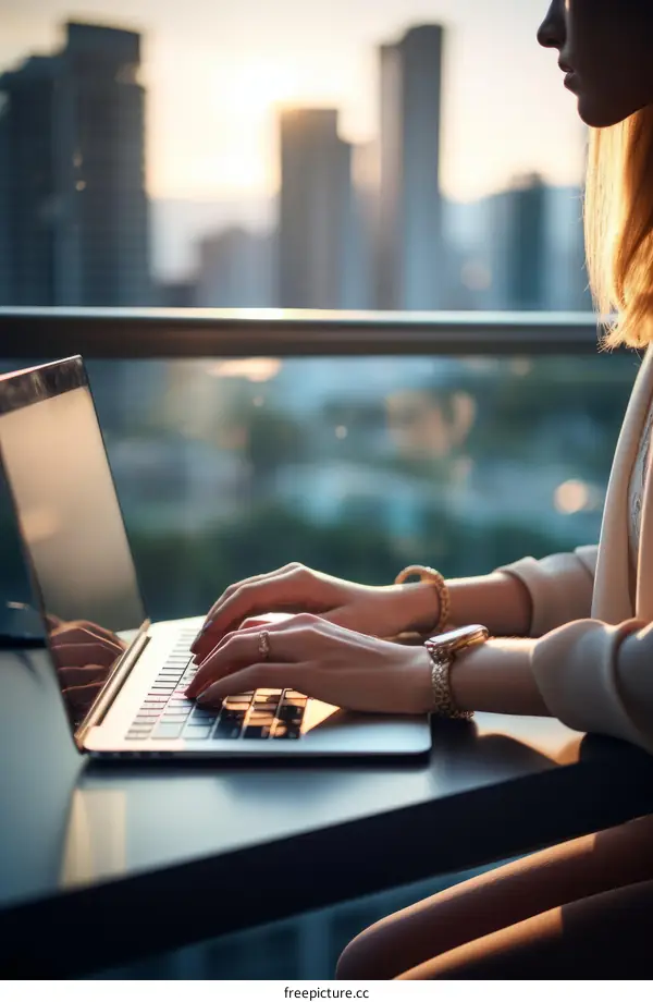 A woman is typing on her laptop while sitting at a desk in an office.