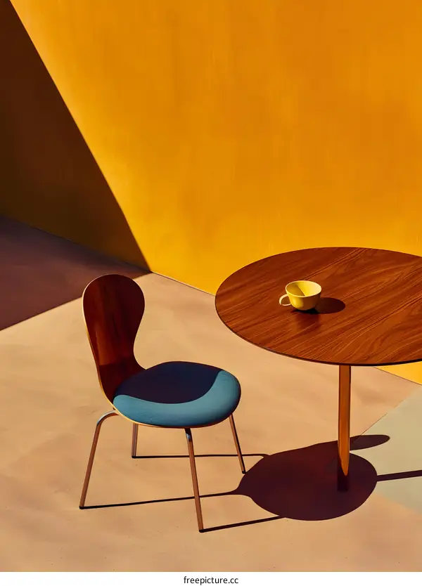 Minimalist Modern Round Table and Chair in Minimalist Interior Design with Yellow Wall