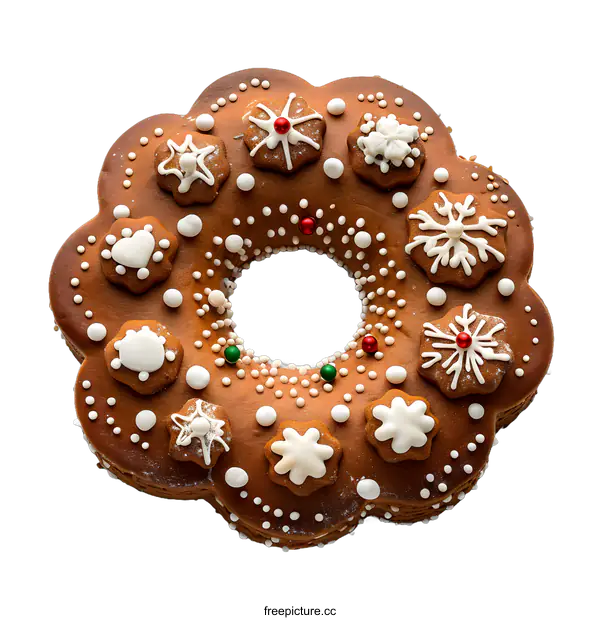 [Transparent Background PNG]A gingerbread cake decorated with white icing and red and green sprinkles in the shape of snowflakes and stars.