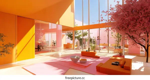 Modern Interior Design with Pink and Orange Colors and a Cherry Blossom Tree