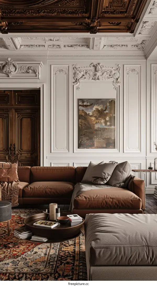Luxury Living Room with Brown Leather Sofa and Oriental Rug