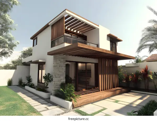 Modern House with Wooden Deck and Stone Wall