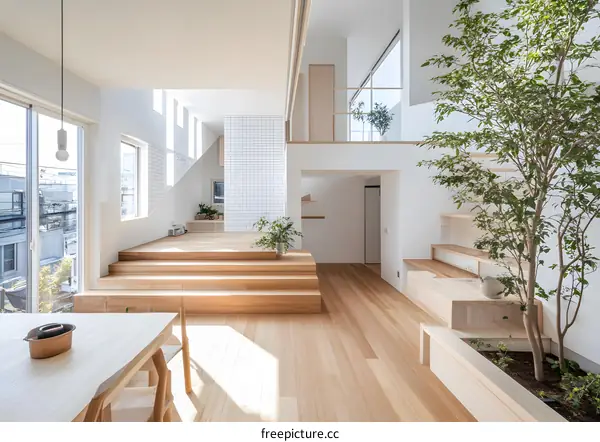 Modern Minimalist Interior Design with Wooden Stairs and a Small Tree in the Corner