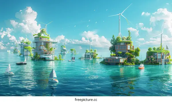 futuristic floating city with green buildings and wind turbines