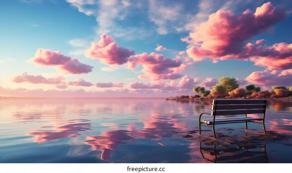 Tranquil Lake and Bench at Sunset