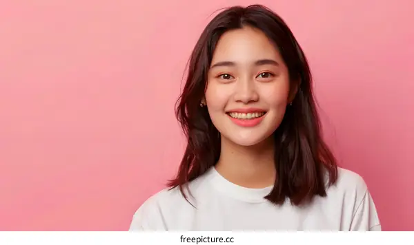 Smiling Asian Woman with Pink Background