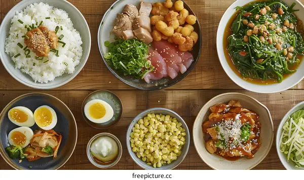 A delicious and healthy meal of rice, fish, vegetables, and soup